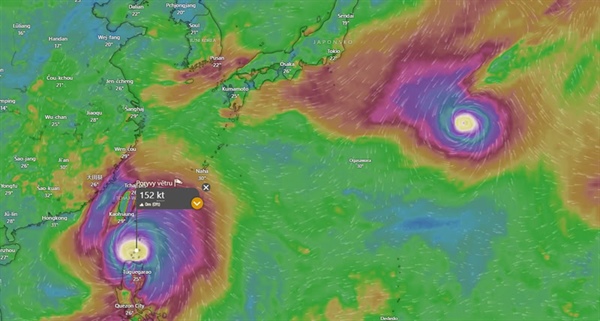 Vítr přes 150 uzlů v tajfunu Ragasa